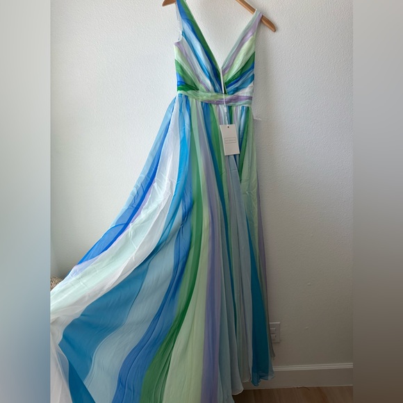 MAC DUGGAL | blue green multicolor stripe plunge maxi gown 4 - Picture 8 of 14